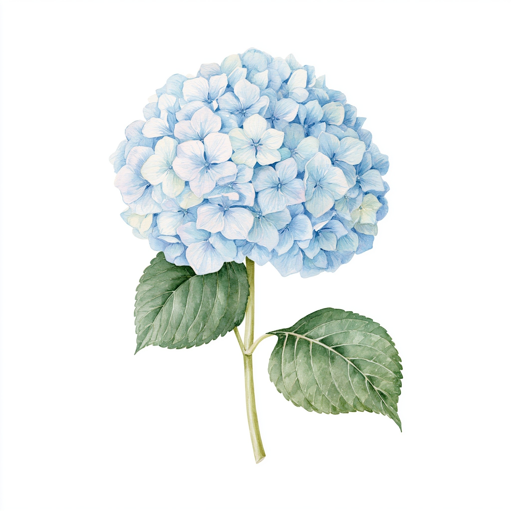 Single blue hydrangea bloom watercolor botanical illustration lush clustered...