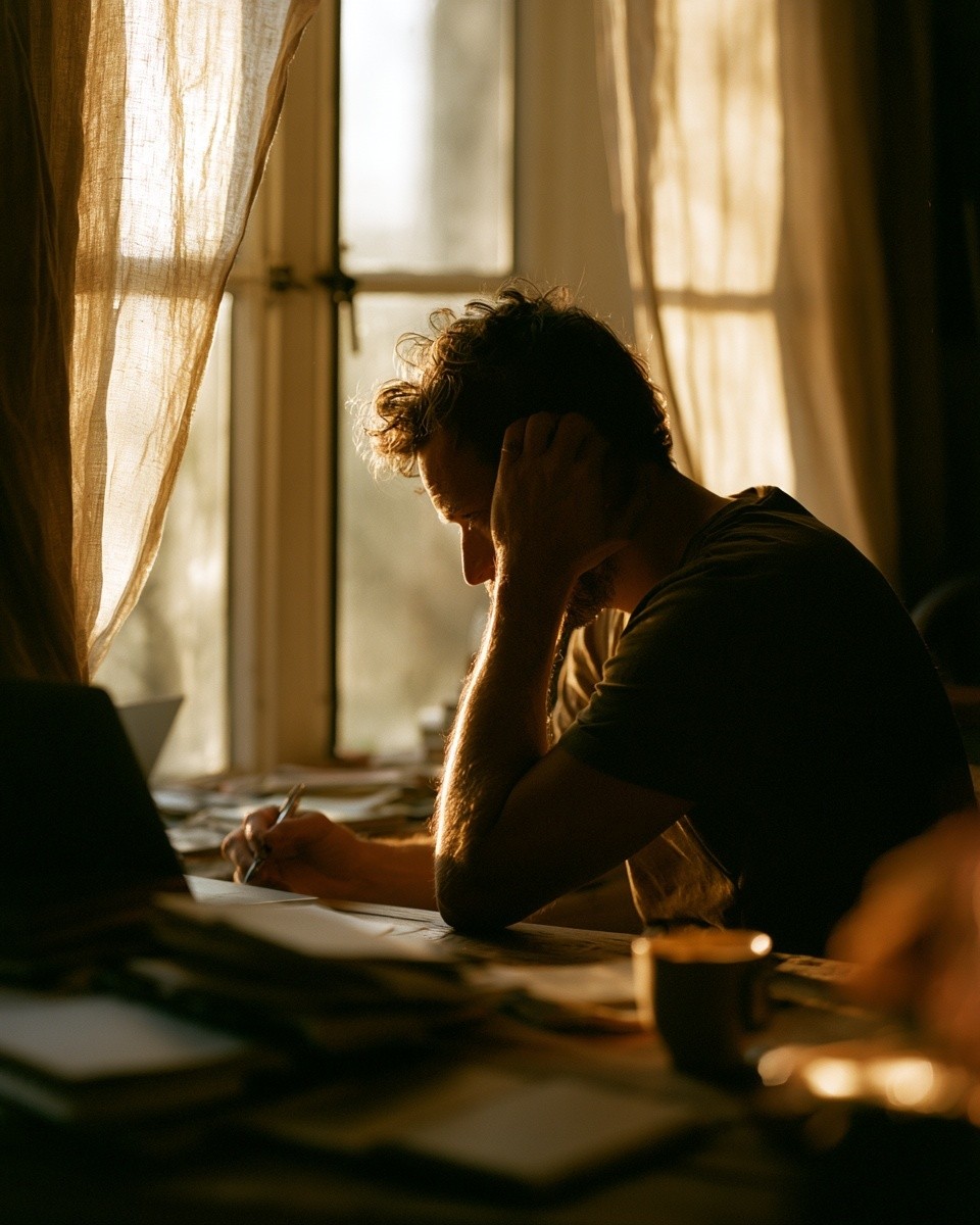 A man in his mid-30s seated at a cluttered...