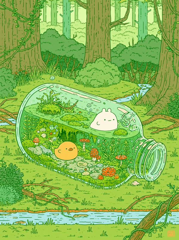 In a secluded forest corner a large transparent glass...