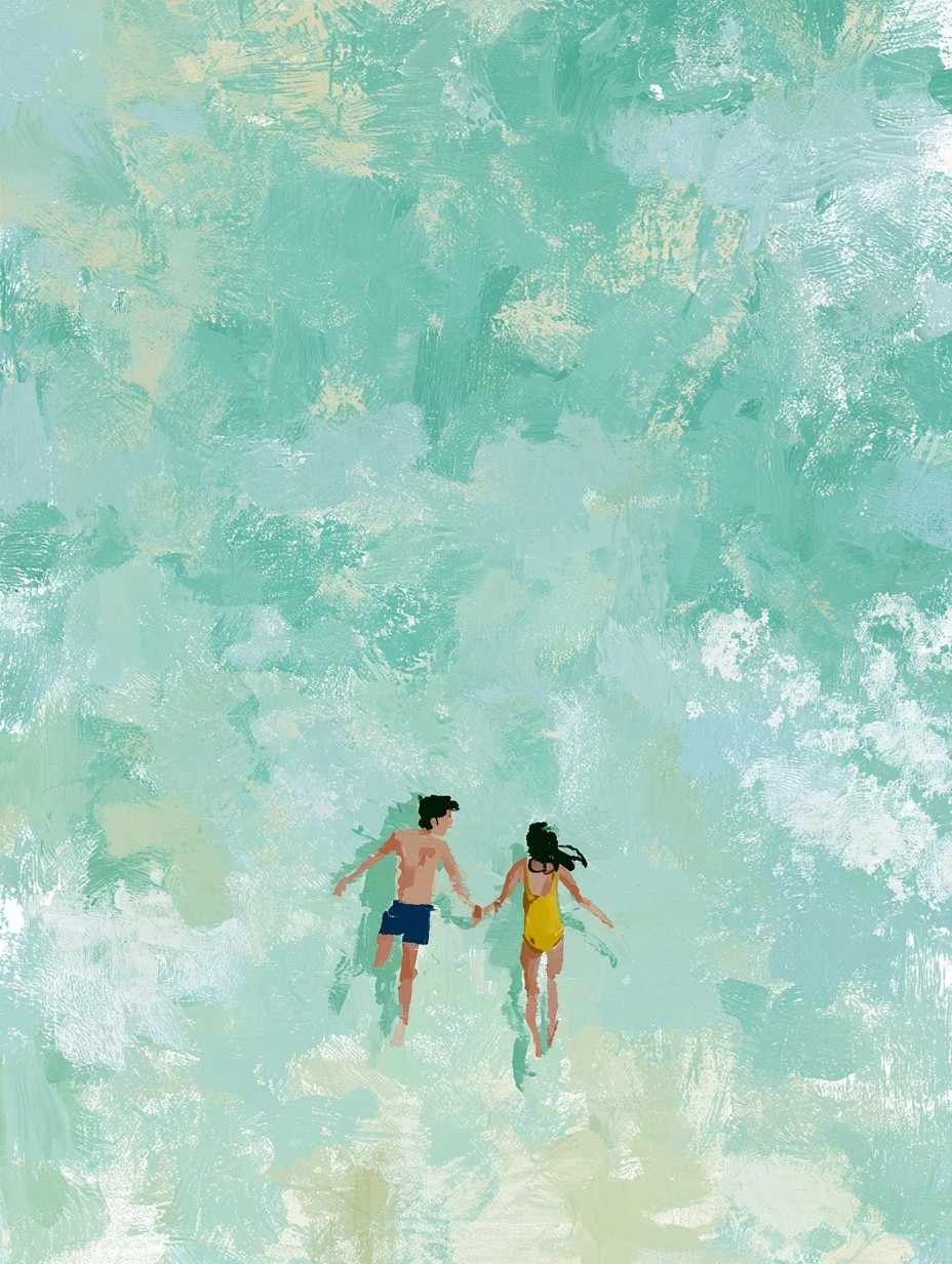 A minimalist editorial illustration of a couple floating side...