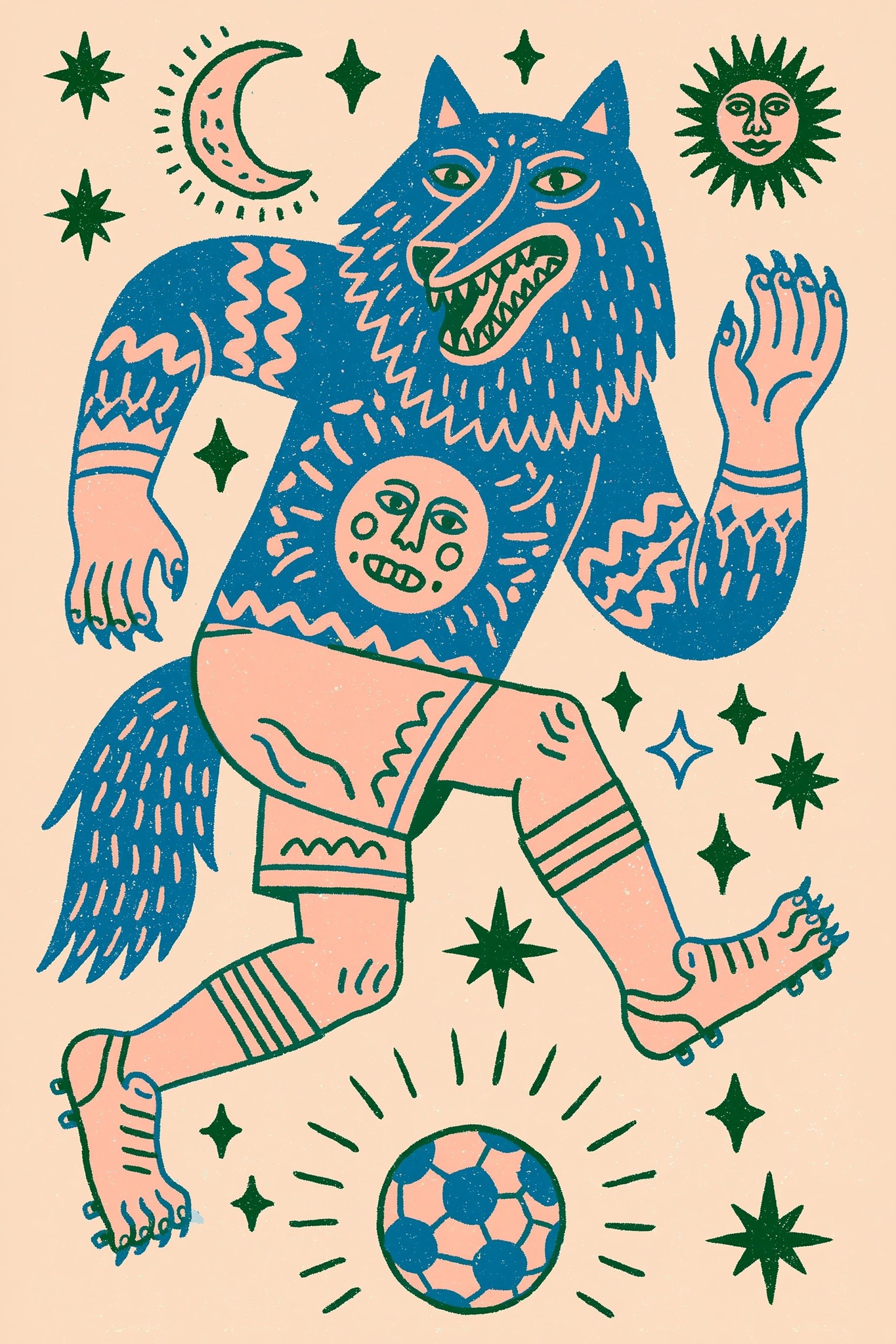 hand drawn illustration of A wolf in a soccer...