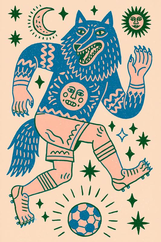 hand drawn illustration of A wolf in a soccer...