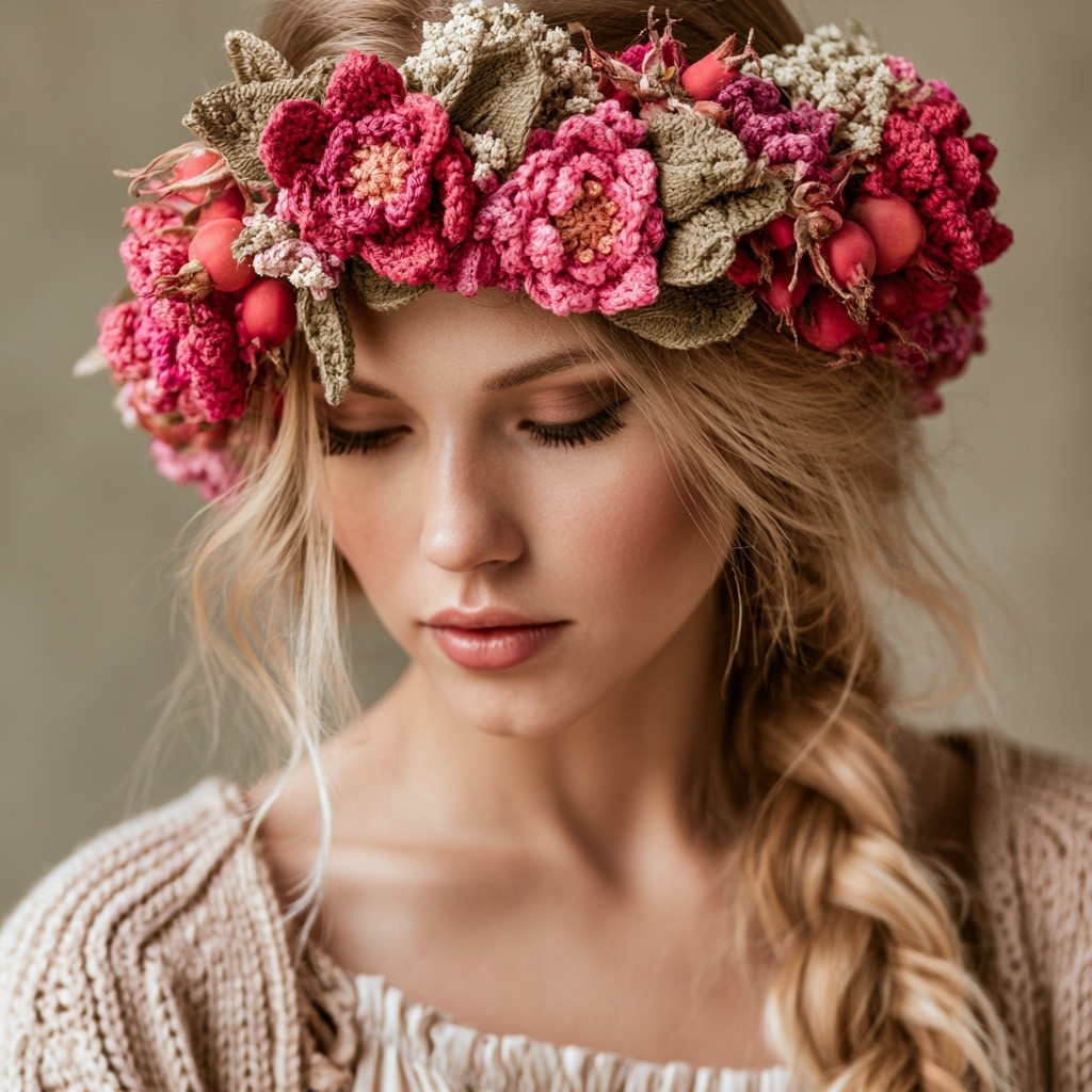 A boho-style crocheted floral headband The texture of the...