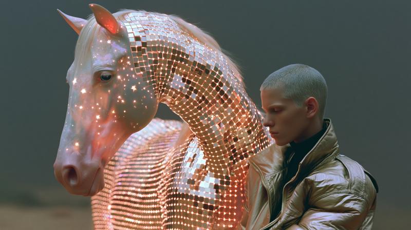 A weakened cosmic horse made of fading starlight standing...