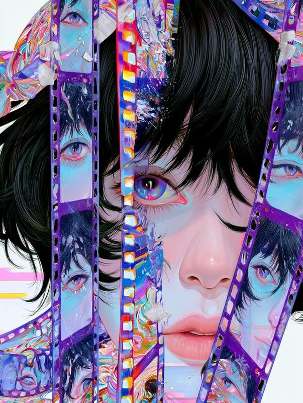 anime key visual of an adult woman's face divided...
