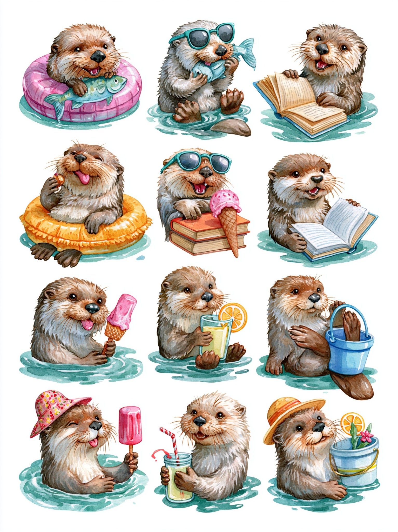 professional clipart sheet 12 separate whimsical otter illustrations arranged...