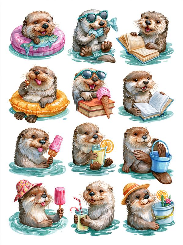 professional clipart sheet 12 separate whimsical otter illustrations arranged...