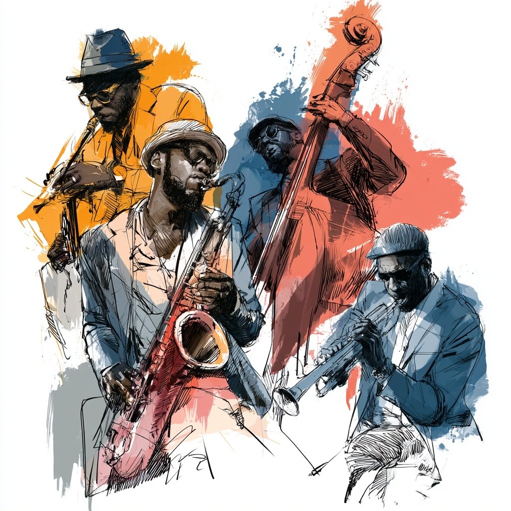 4 jazz African American men with instruments playing passionately...