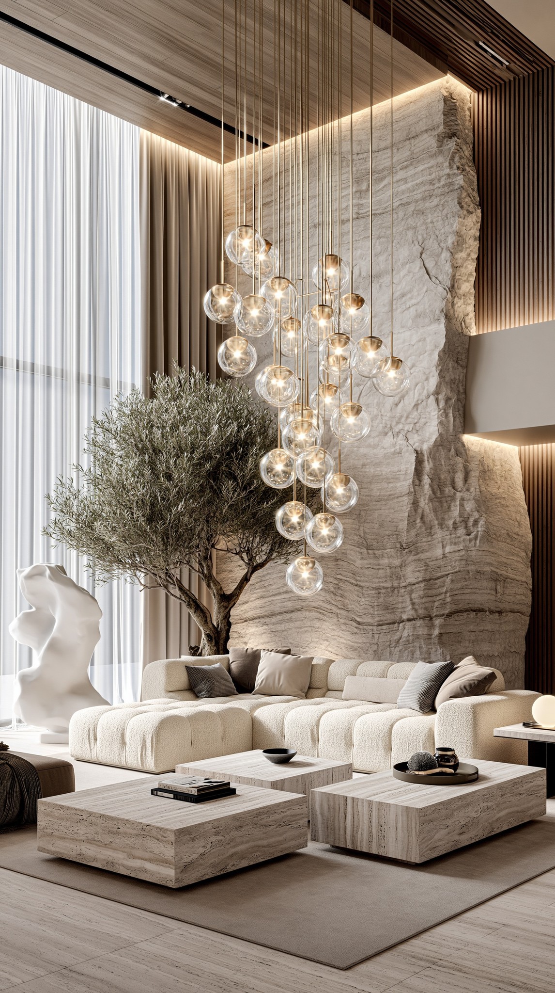 Luxury modern living room with double-height ceiling massive natural...