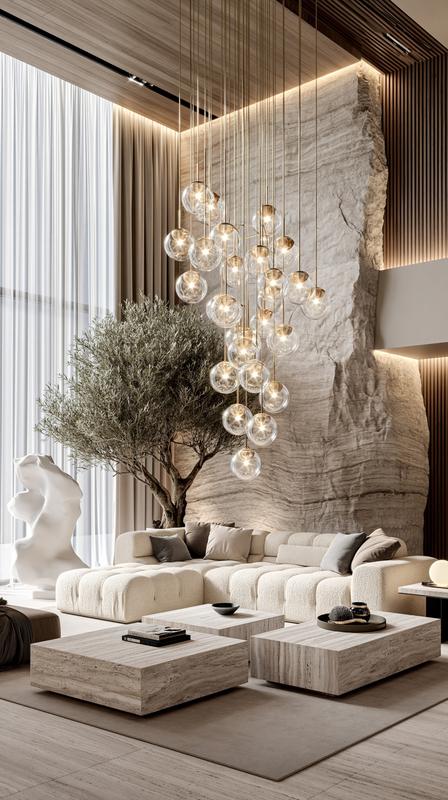 Luxury modern living room with double-height ceiling massive natural...