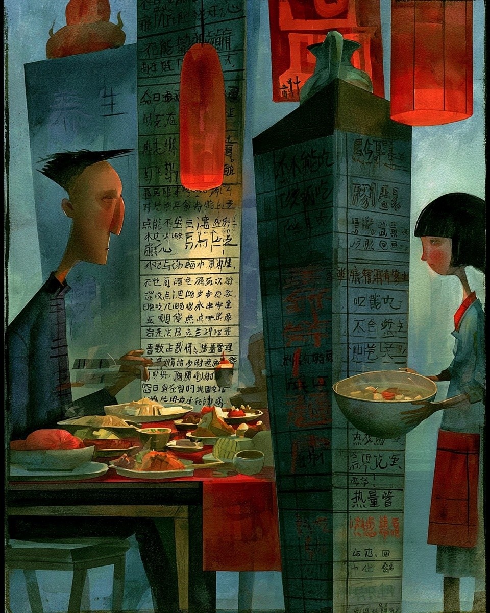 中国单幅讽刺漫画风格 传统报刊漫画语言 平涂设色 黑色粗轮廓线 纸本水彩质感 画面表现 养生焦虑让日常生活被规则和禁忌包围 的主题 画面中一位人物坐在餐桌前...