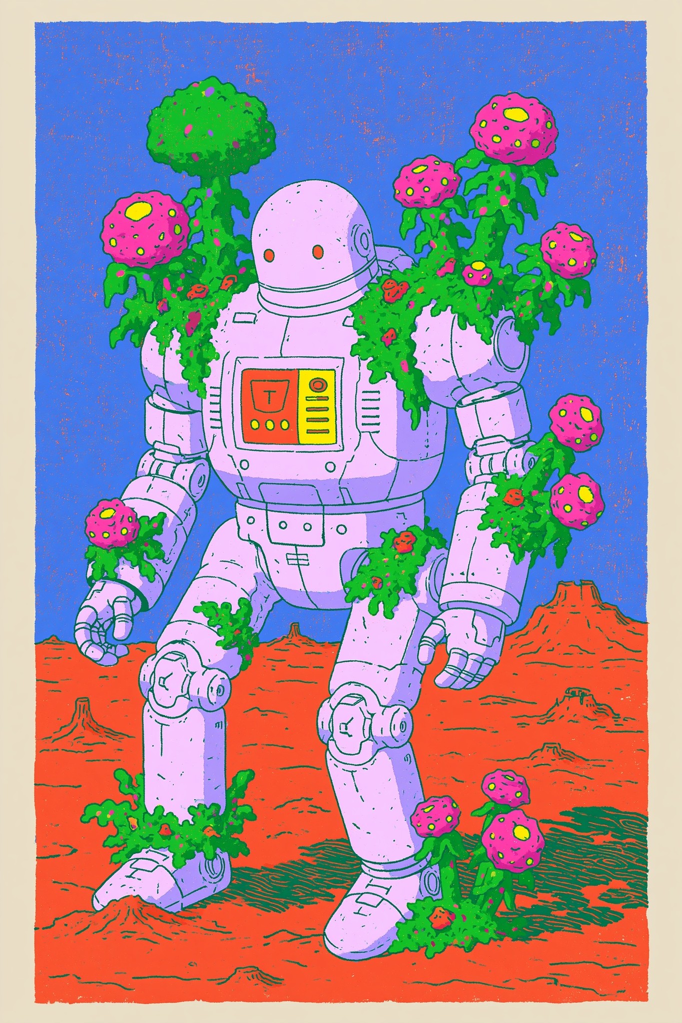 cute hand-drawn futuristic robot overgrown by alien plants wasteland...
