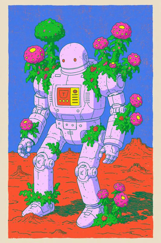 cute hand-drawn futuristic robot overgrown by alien plants wasteland...
