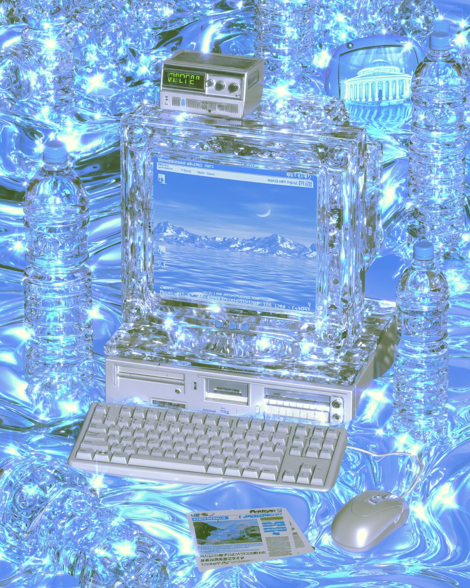 early 2000s cyber nostalgia icy blue monochrome transparent plastic...