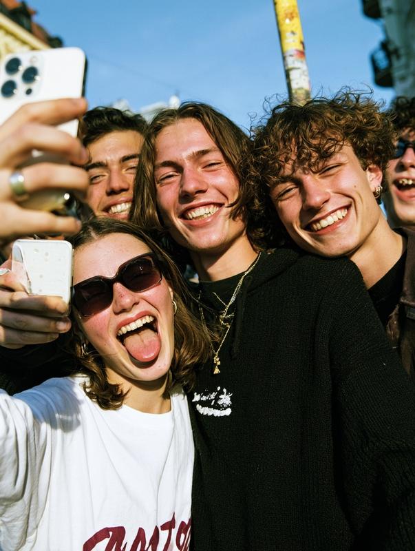 young fresh cool friends taking selfie with smartphones in...
