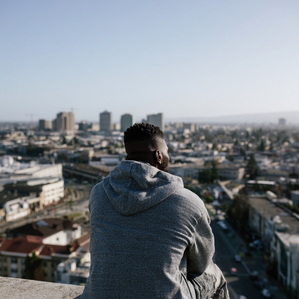 black man thinking in deep reflection Camera angle from...