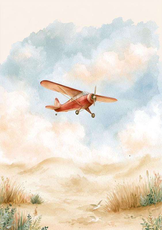sand desert red plane with propeller vintage muted colors...