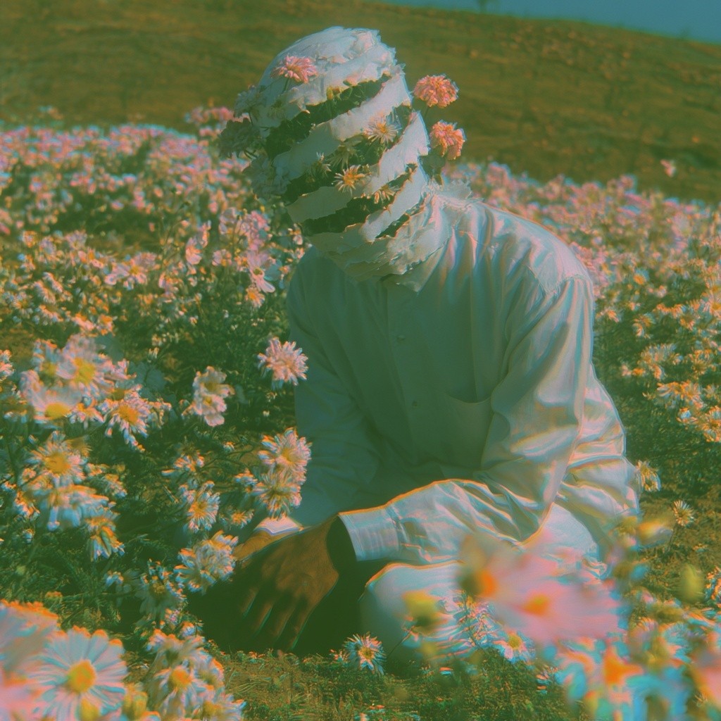 a lone figure kneeling in a blooming flower field...