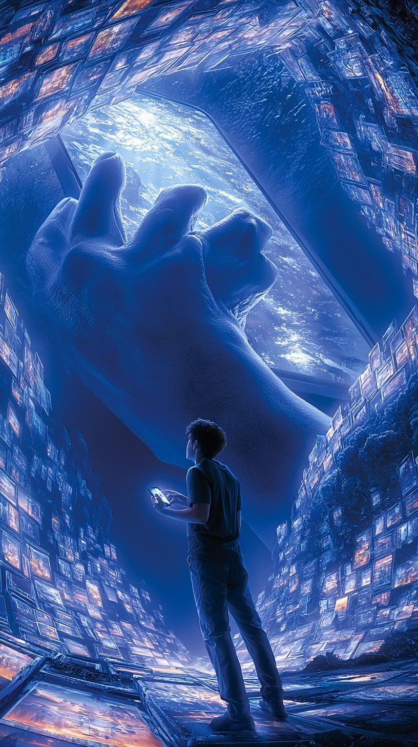 A giant hand holding a giant phone screen in...