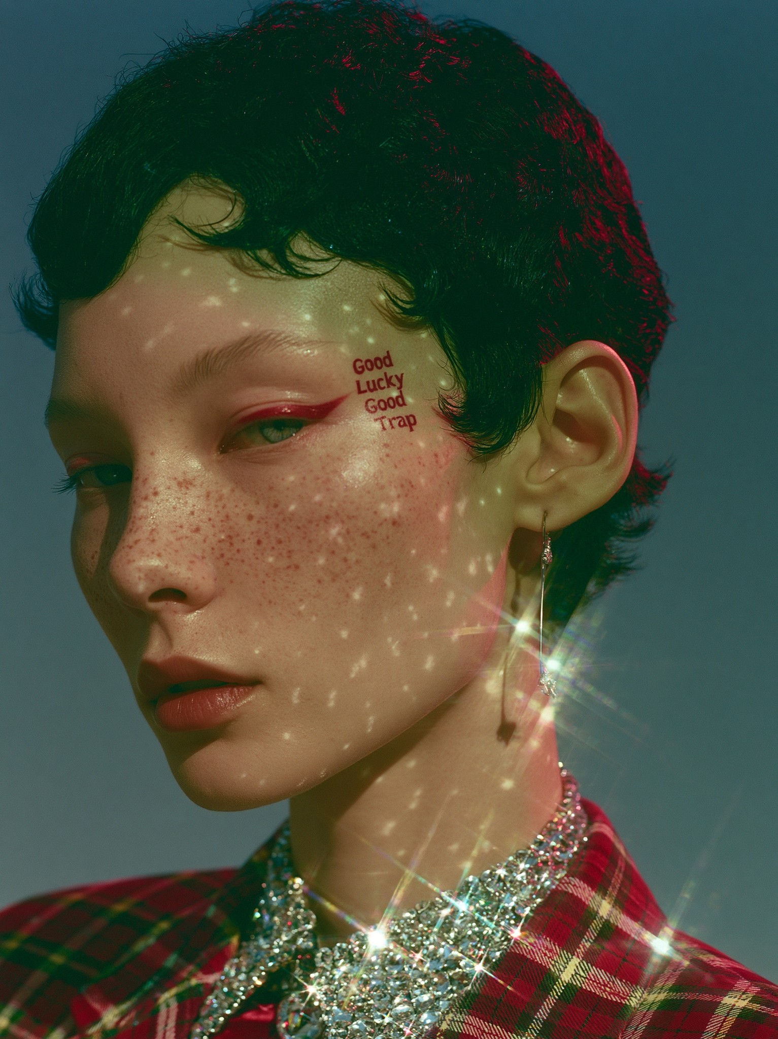 Makeup that reads Good Lucky Good Trap on her...