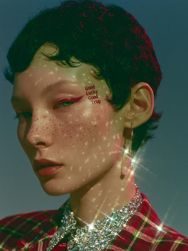 Makeup that reads Good Lucky Good Trap on her...