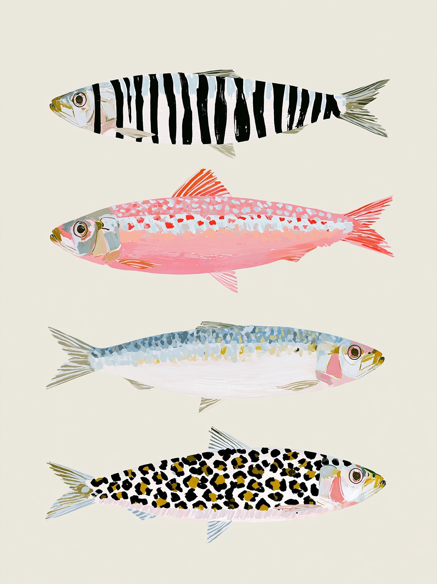 Minimalist vector of three different sardines one with zebra...