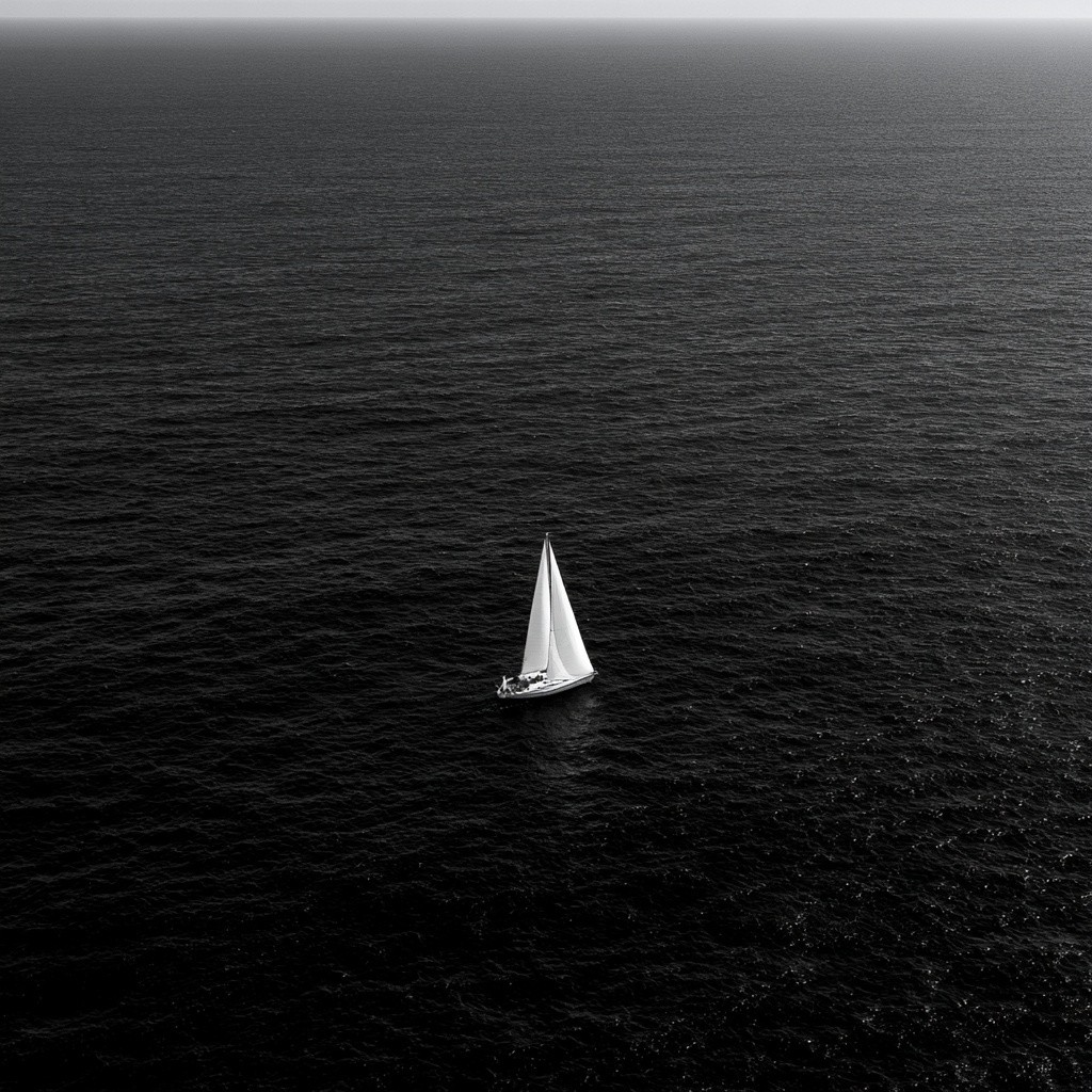 a solo sailing boat on a vast open blue...