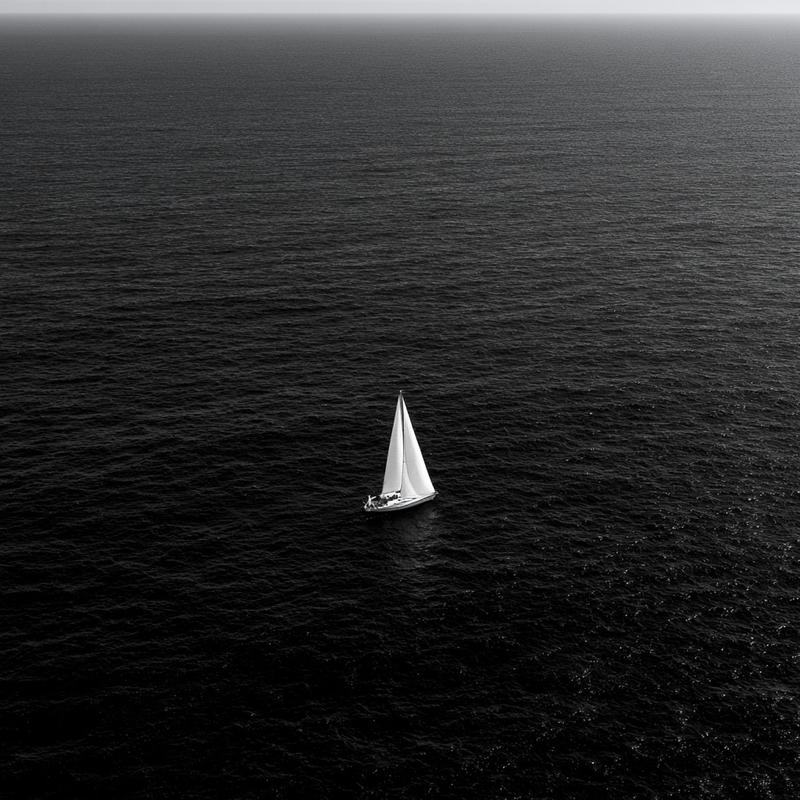 a solo sailing boat on a vast open blue...