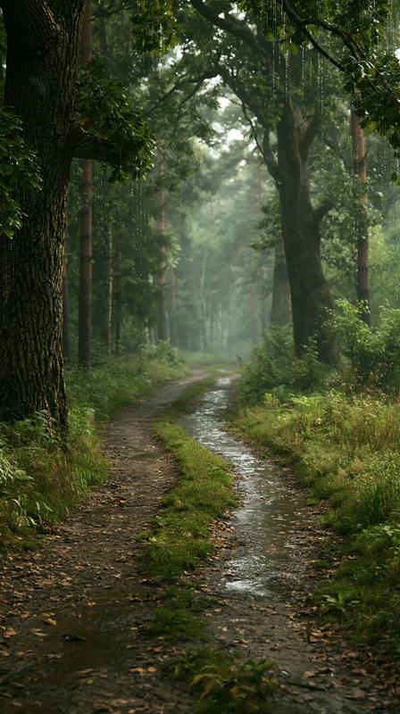 a narrow forest path after rain wet ground reflecting...