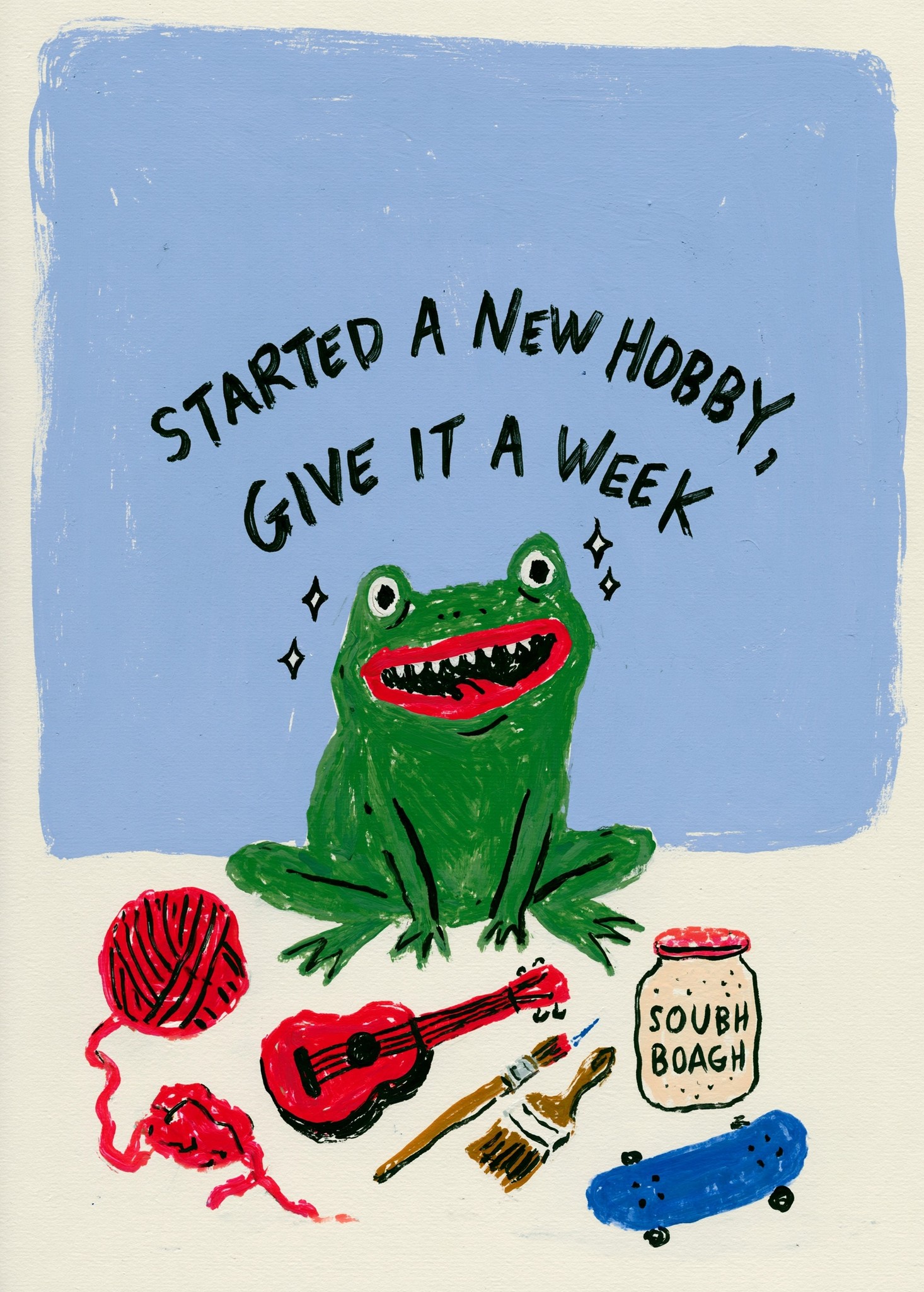 A cute cartoon frog sitting happily among scattered hobby...