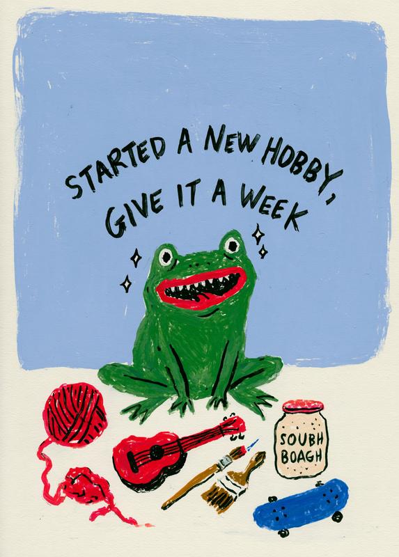 A cute cartoon frog sitting happily among scattered hobby...