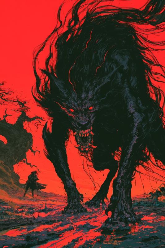 A shadowy beast stands in the foreground of tha...