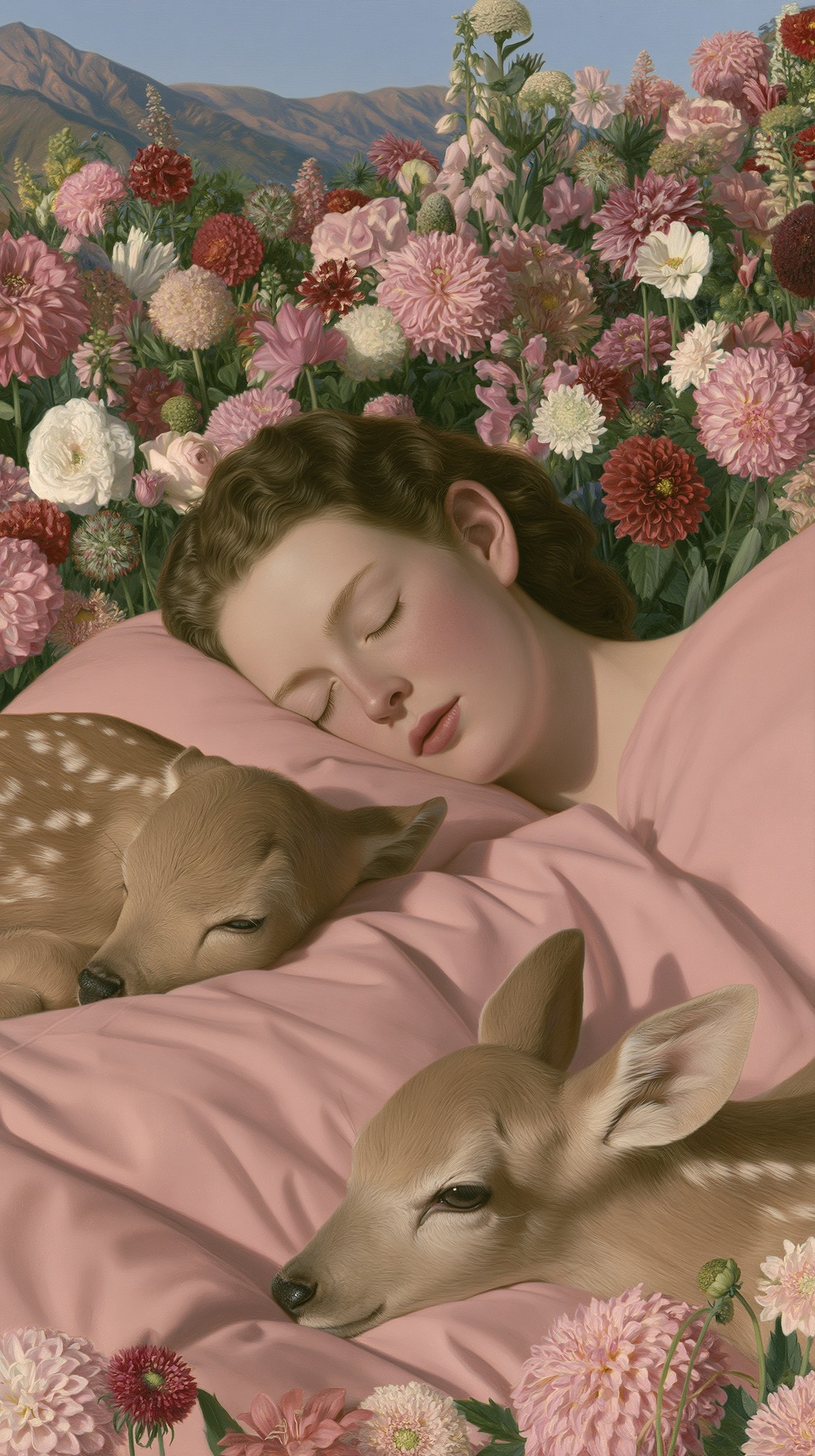 a highly detailed painted scene shows a sleeping woman...