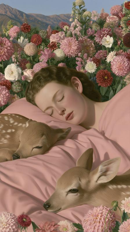 a highly detailed painted scene shows a sleeping woman...