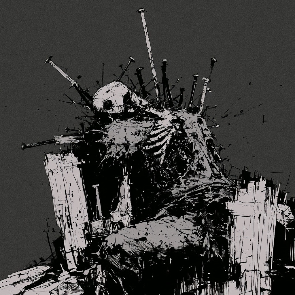 A skeletal figure in ragged clothes trying to get...
