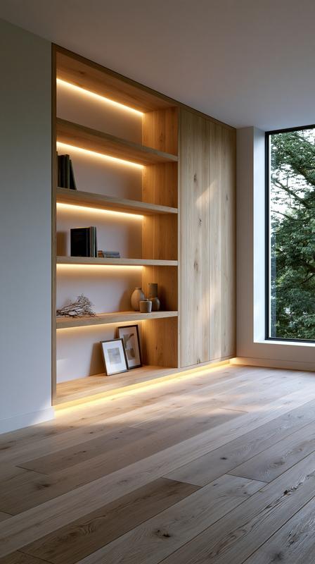 High-end interior photography of a custom-built floor-to-ceiling oak shelving...