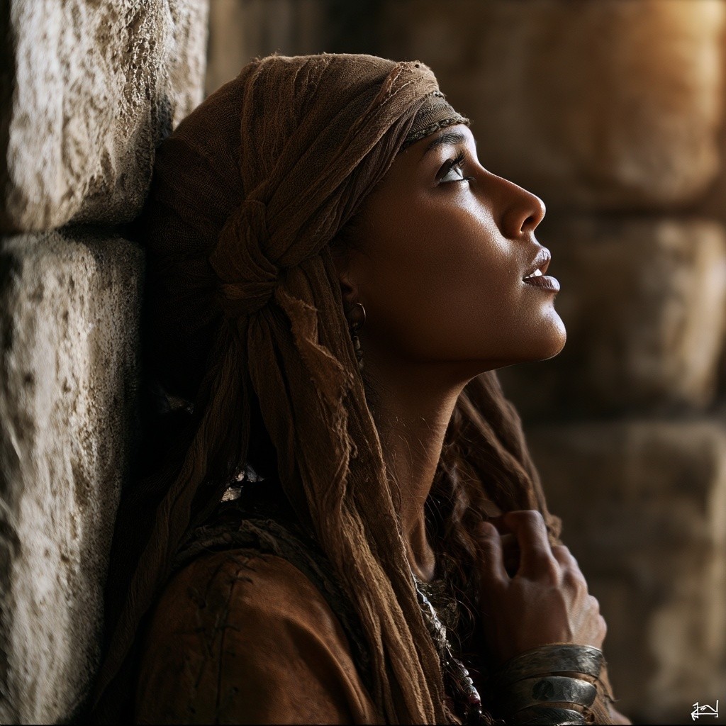 Zipporah watching Moses continue his mission reflective expression epic...