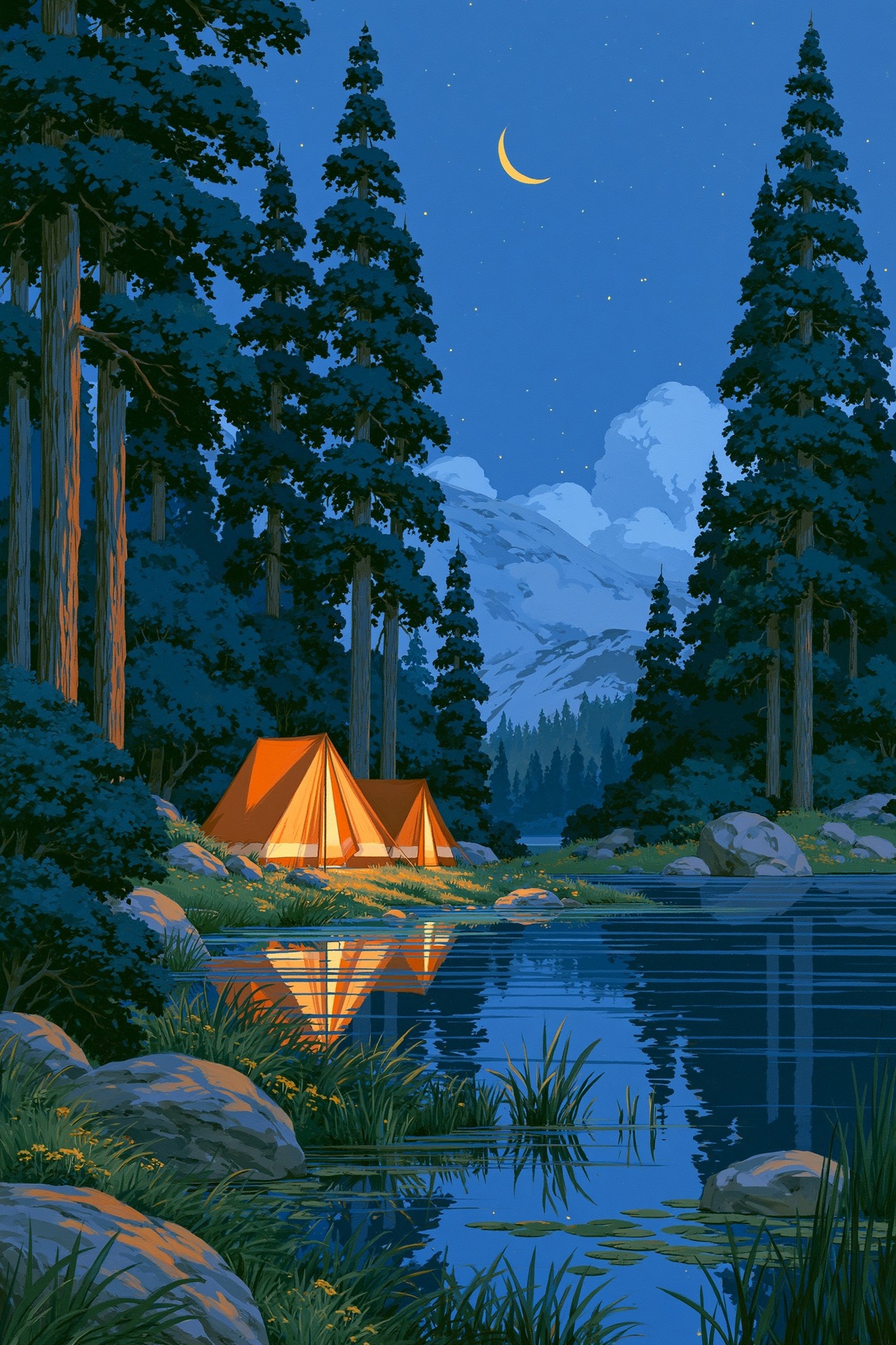 Hiroshi Nagai style 70's 80's painting campsite next to...