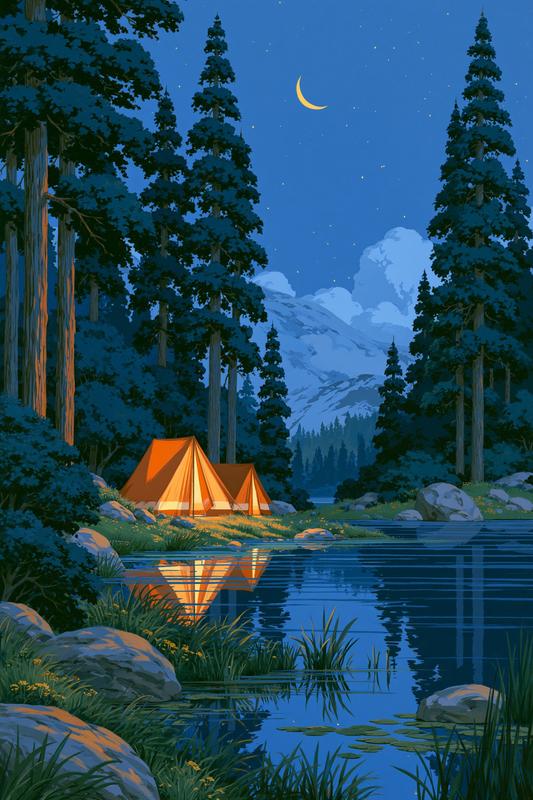 Hiroshi Nagai style 70's 80's painting campsite next to...