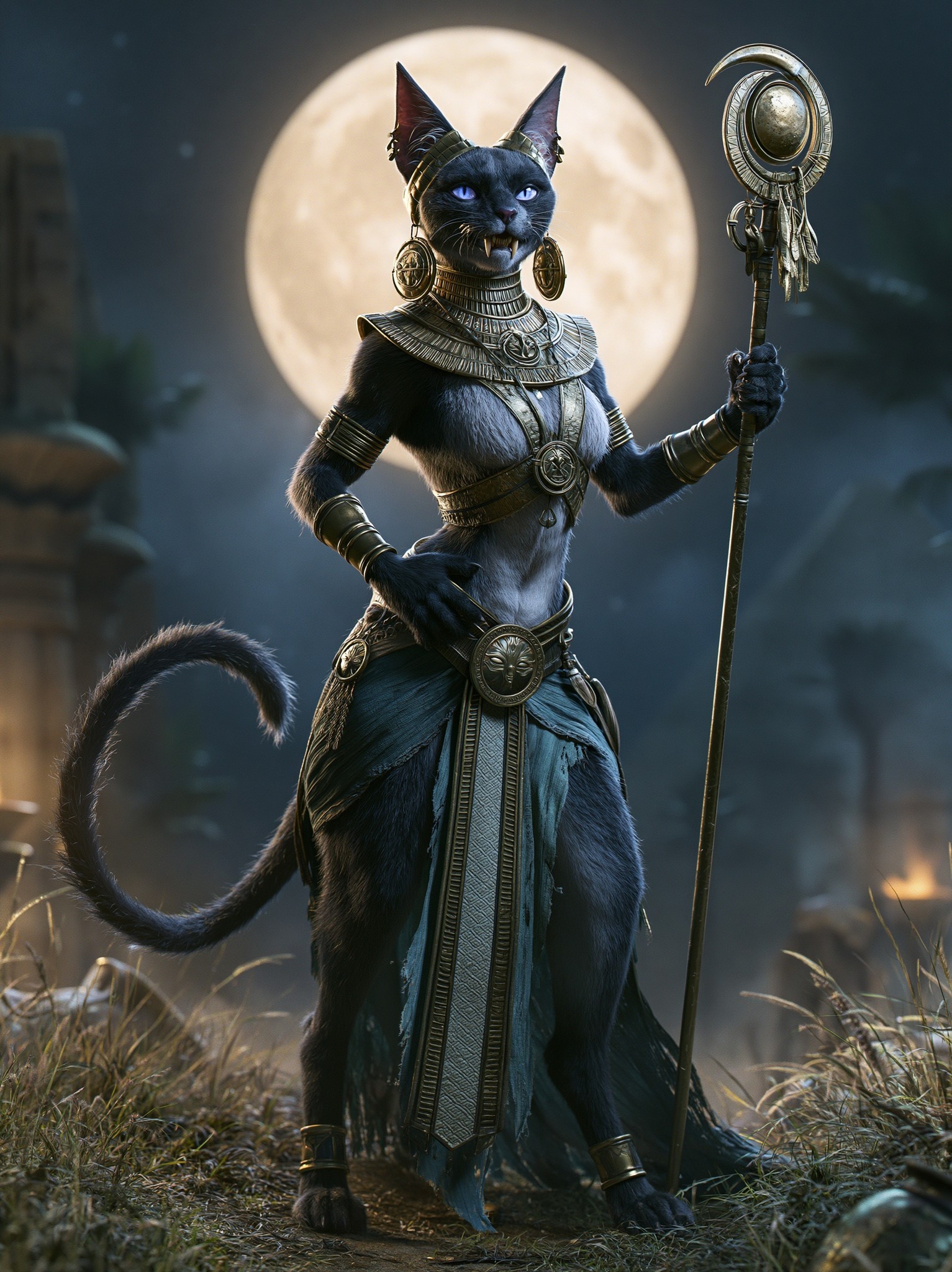 full body shot of Egyptian goddess Bastet standing upright...