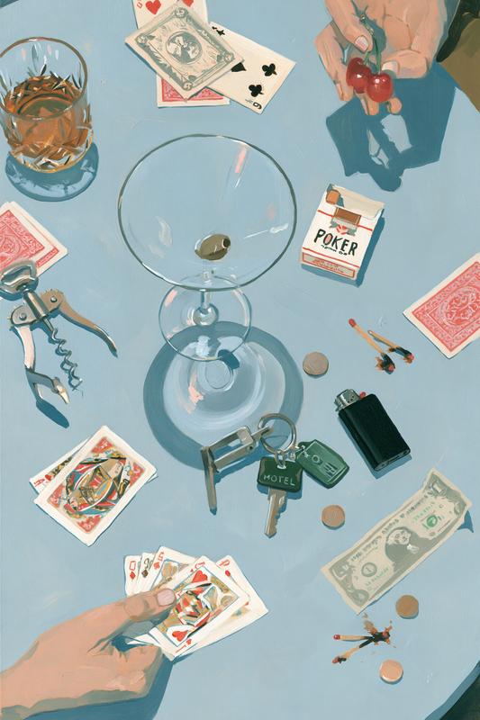 Overhead still life painting of a gambling night scene...
