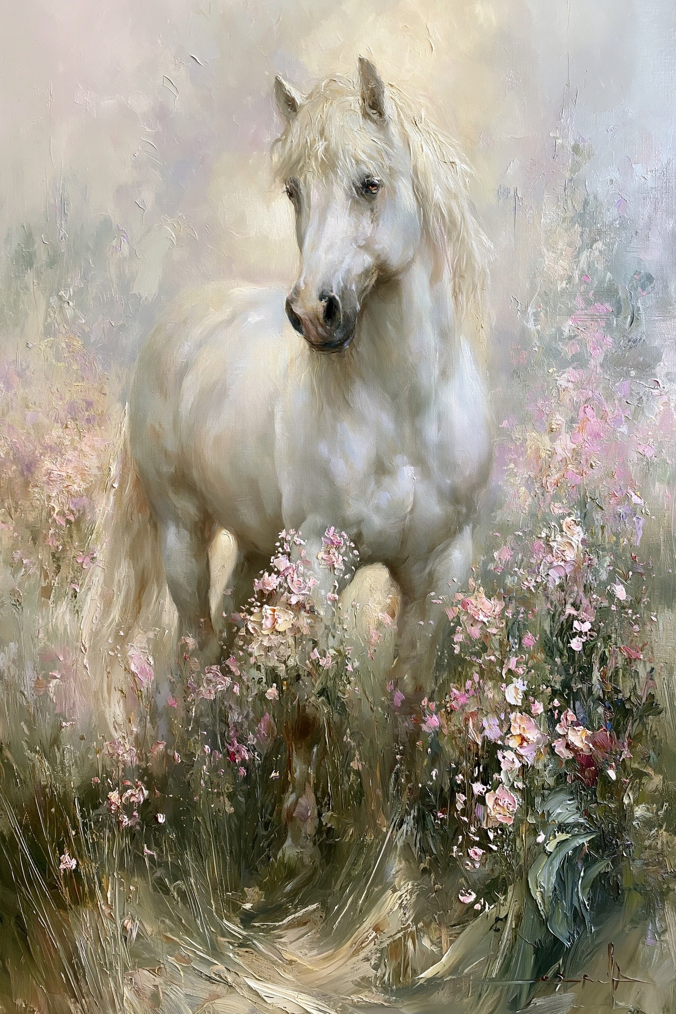 a white horse standing calmly in a vast field...