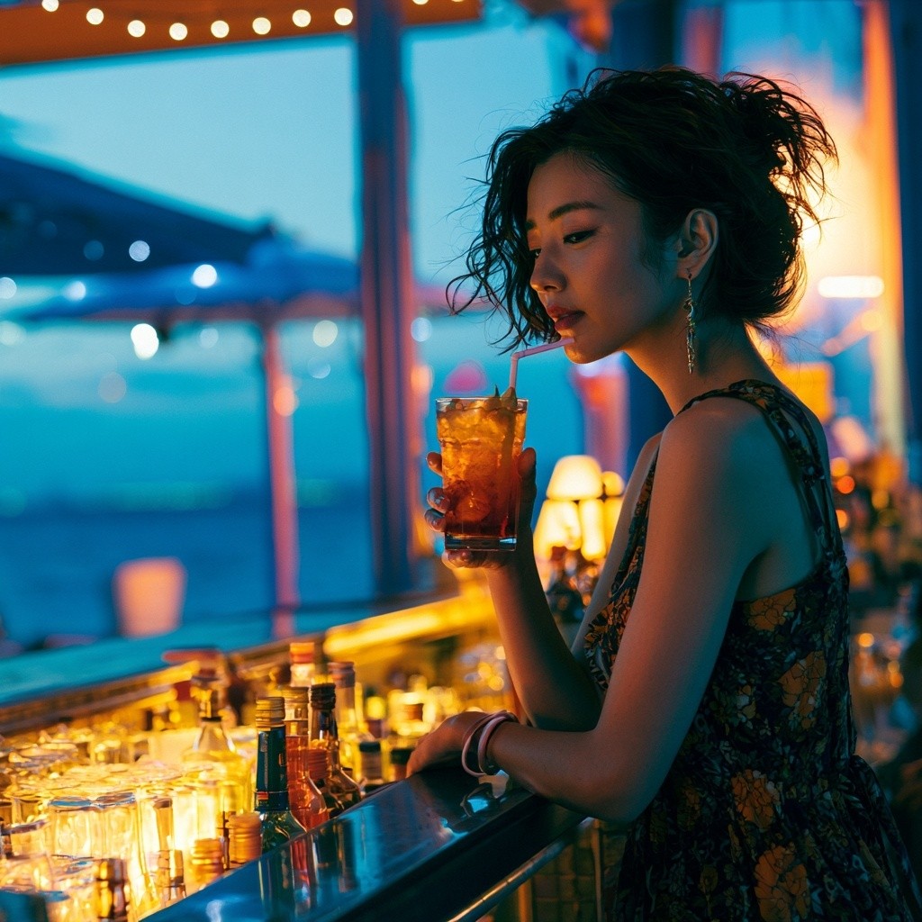 Okinawa at night open bar by the sea a...