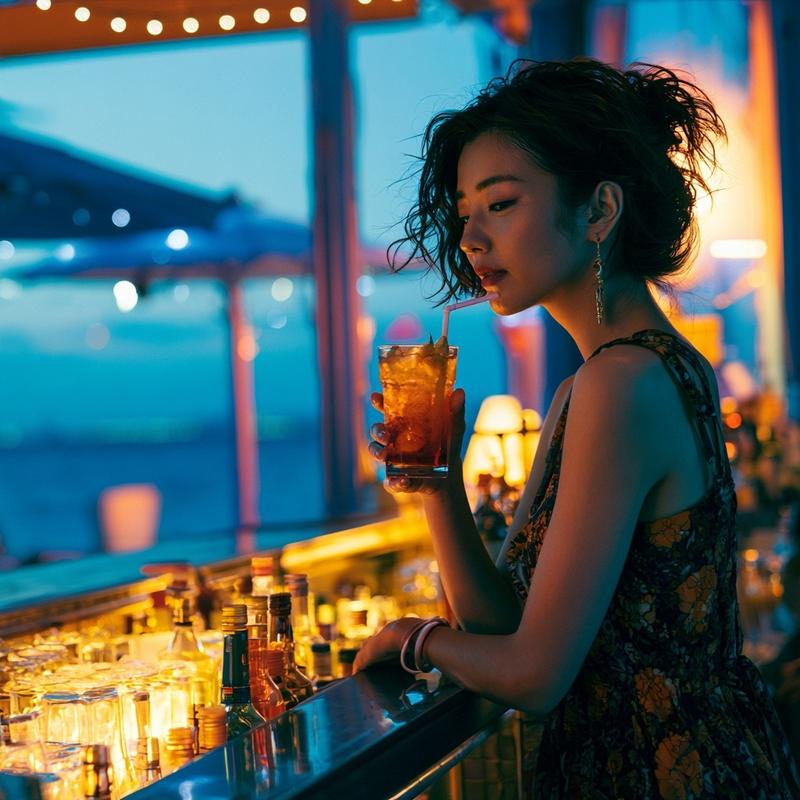 Okinawa at night open bar by the sea a...