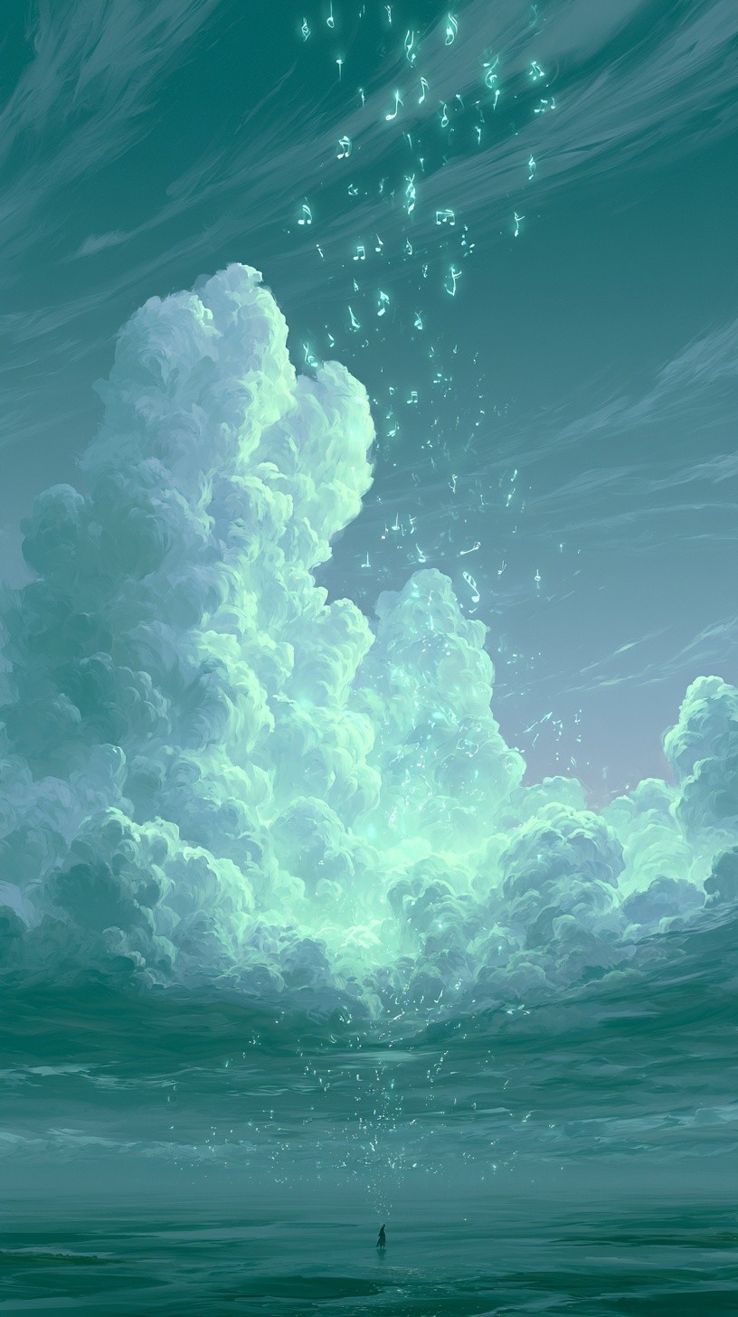 White Wind theme pale wind currents carrying glowing musical...