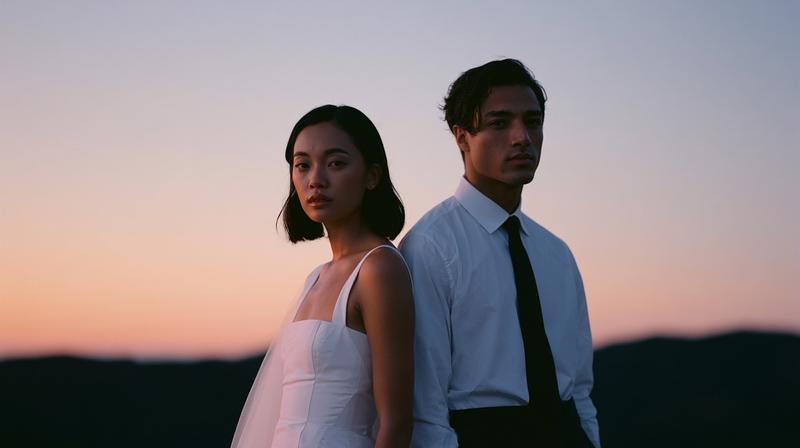 Minimal cinematic wedding portrait at dusk outdoors Gradient sunset...