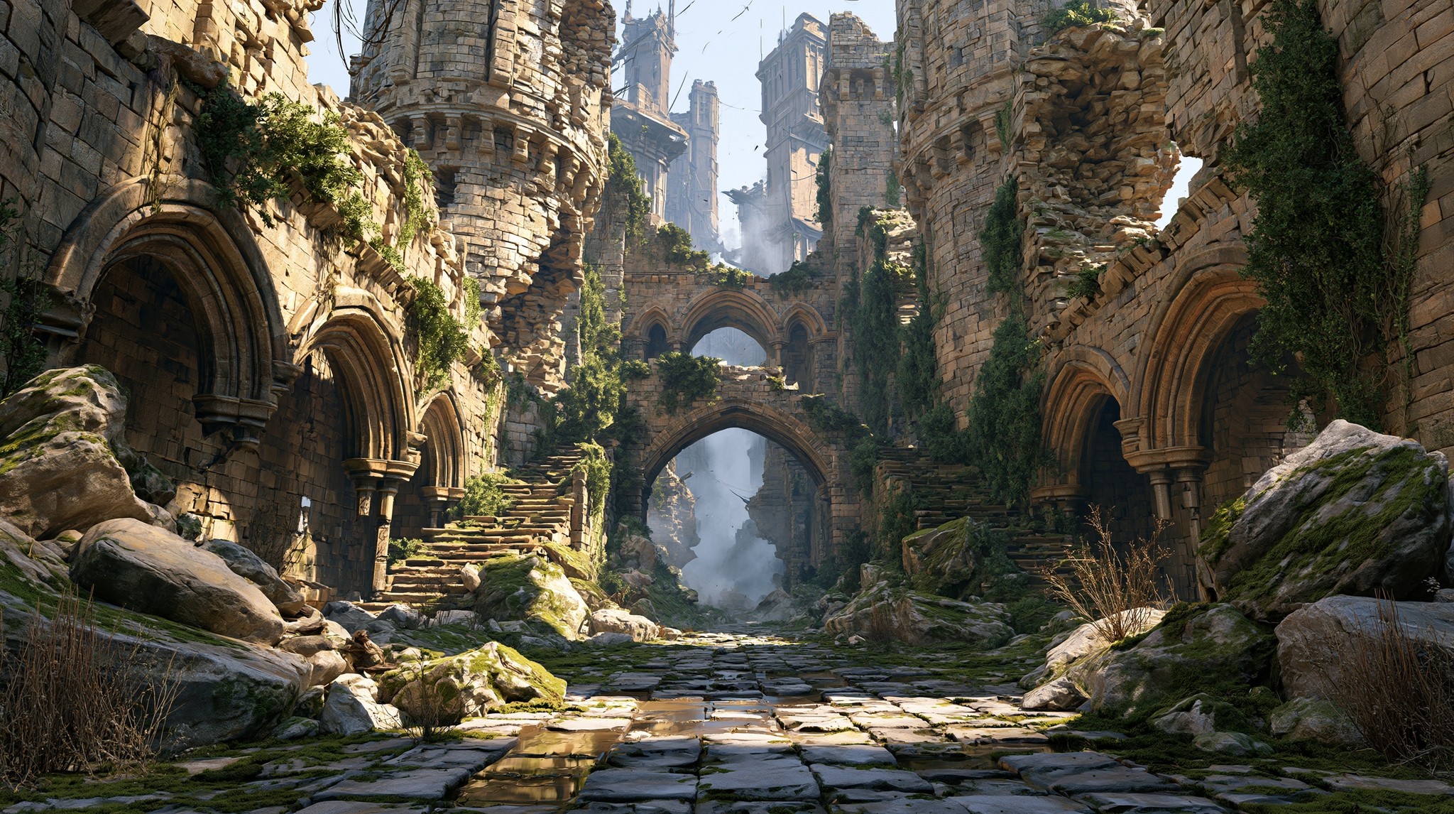 ancient ruined stone fortress towering weathered castle walls broken...