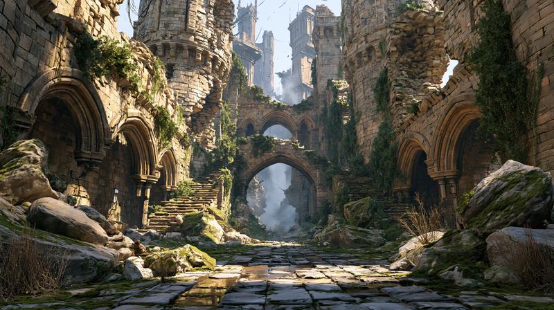 ancient ruined stone fortress towering weathered castle walls broken...