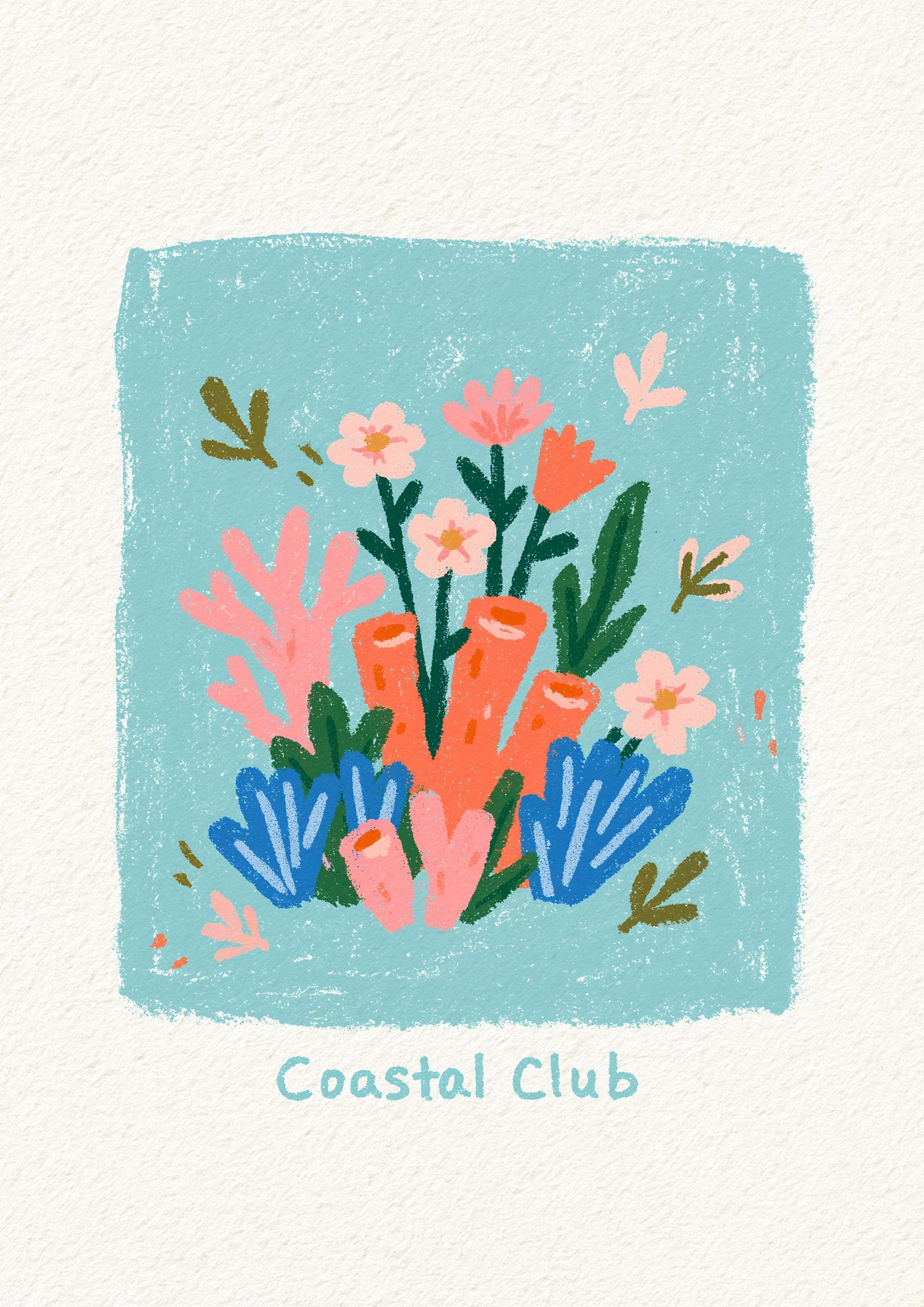 A charming retro folk-art style illustration of coral reef...