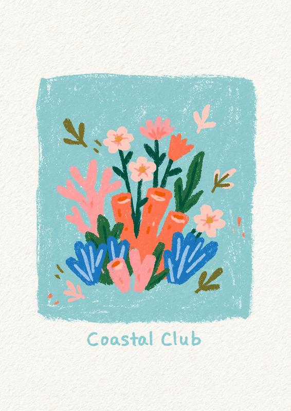 A charming retro folk-art style illustration of coral reef...